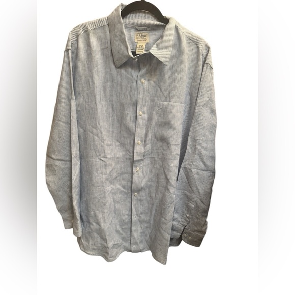 LINEN LANDS END Blue White Stripe Men’s Long Sleeve Button Up Vacation SZ XL EUC - Picture 8 of 13